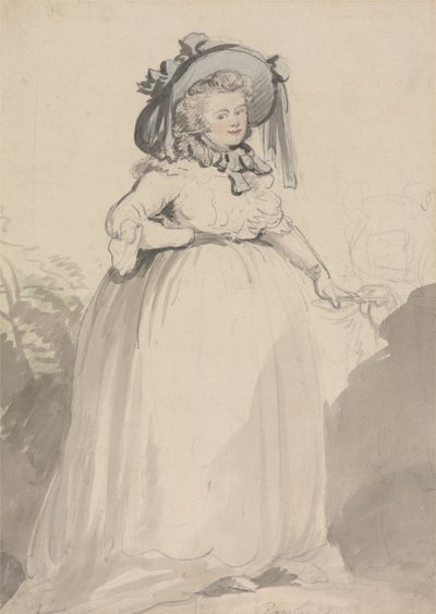A Lady in a White Dress, Wearing a Blue Hat by Thomas Rowlandson